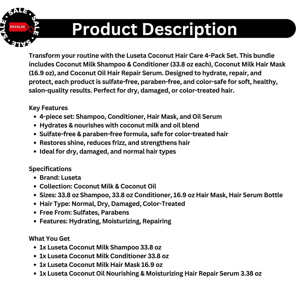 Luseta Coconut Milk Shampoo Conditioner Mask & Oil Serum 4-Pack Hair‎ Care Set